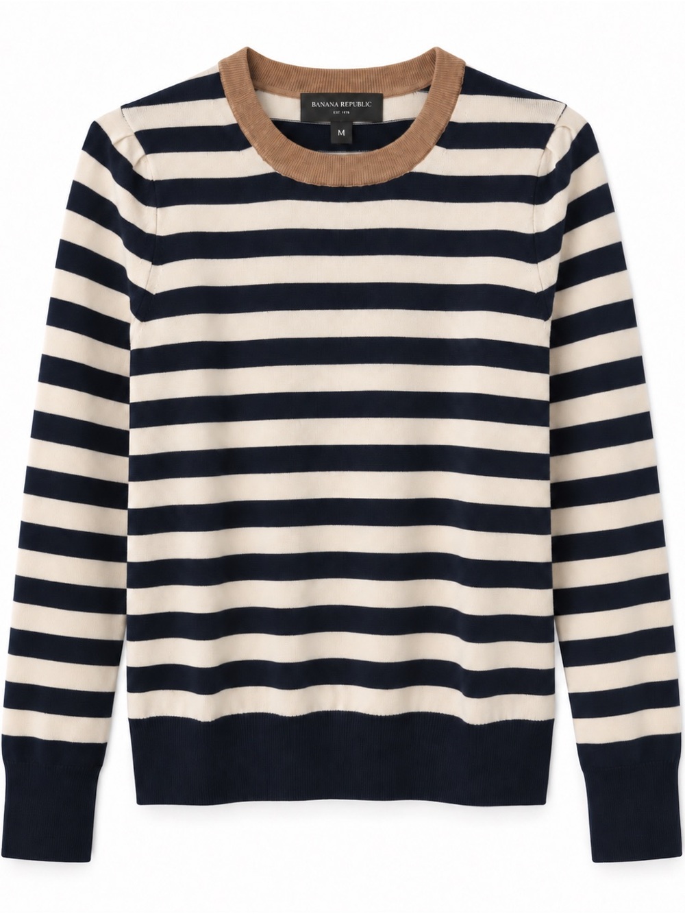 Banana Republic 100% Merino Wool Striped Crewneck Sweater - Navy/ Camel, Size M